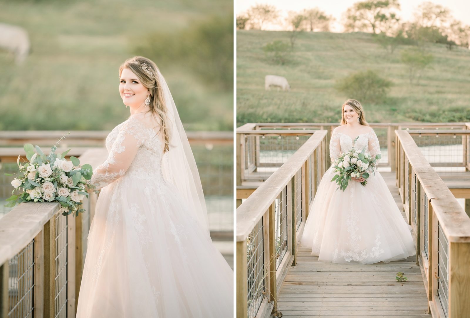 bride on dock by water, blue hills ranch wedding venue bridal session near waco