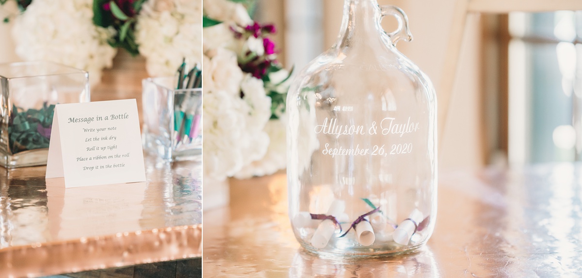reception details, message in a bottle guestbook, River Road Chateau, wedding photography at anna tx wedding venue