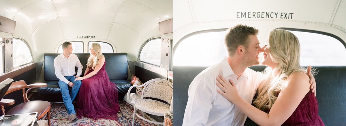 kissing on the bus, bright and airy engagement session at sekrit theater