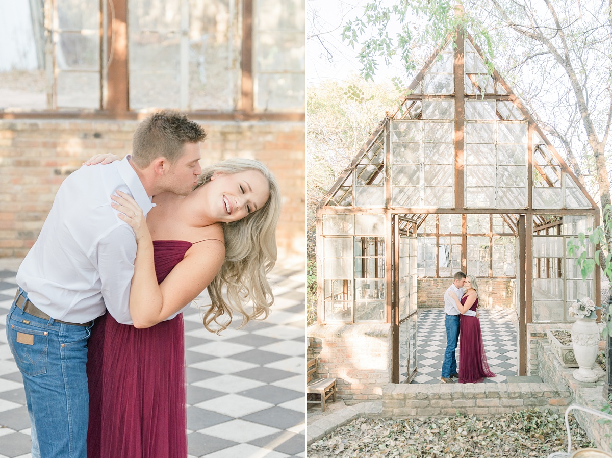 dancing in enchanted greenhouse, bright and airy engagement session at sekrit theater in austin tx