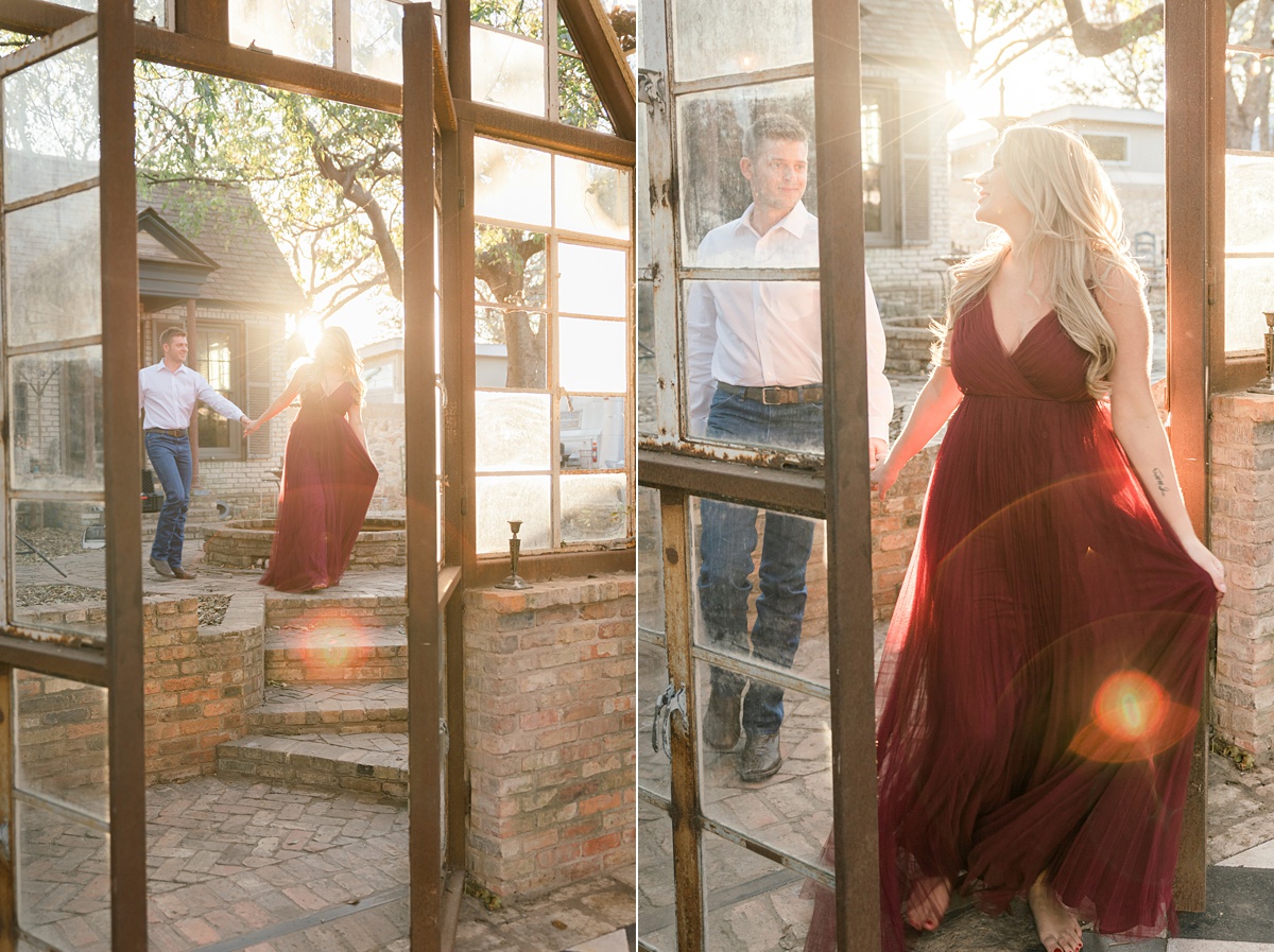 sunset sun flare engagement session, bright and airy engagement session at sekrit theater in austin tx