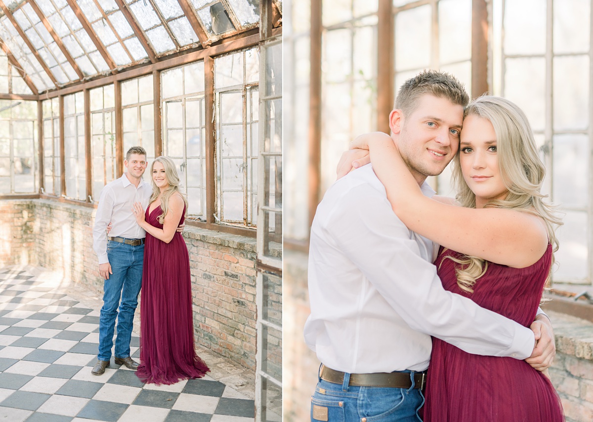 abandoned greenhouse, bright and airy engagement session at sekrit theater in austin tx