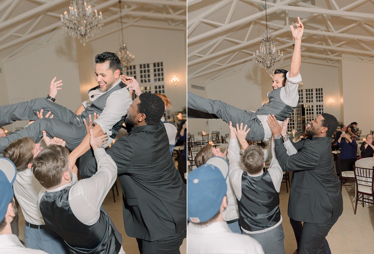 guests throwing groom on dance floor, the ivory oak hill country wedding venue, tara lyons photography