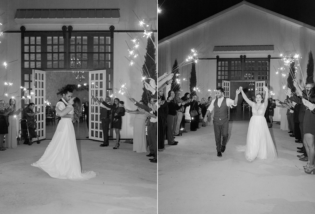 sparkler exit black and white, the ivory oak hill country wedding venue, tara lyons photography