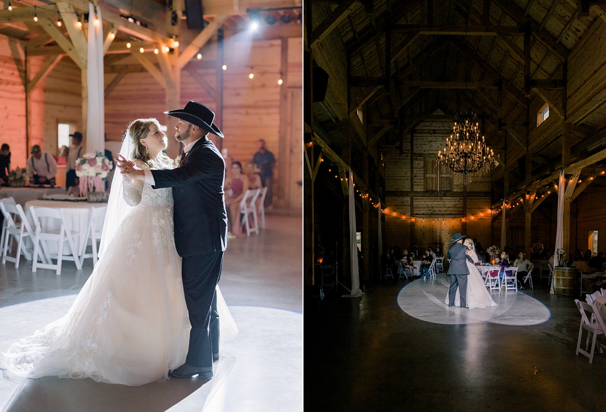 bride and groom first dance lighting - Blue Hills Ranch Fall wedding near Waco, TX