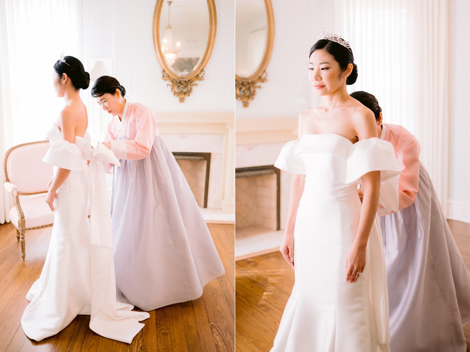 bride putting on dress, mother of bride traditional korean fashion, korean bride, bride with a tiara, classic bride, wedding dress with removable sleeves, woodbine mansion wedding, woodbine mansion wedding details, classic austin wedding, mansion wedding venues near austin, historical wedding venue, best austin wedding venues, austin wedding photographer, hill country wedding, round rock wedding venue