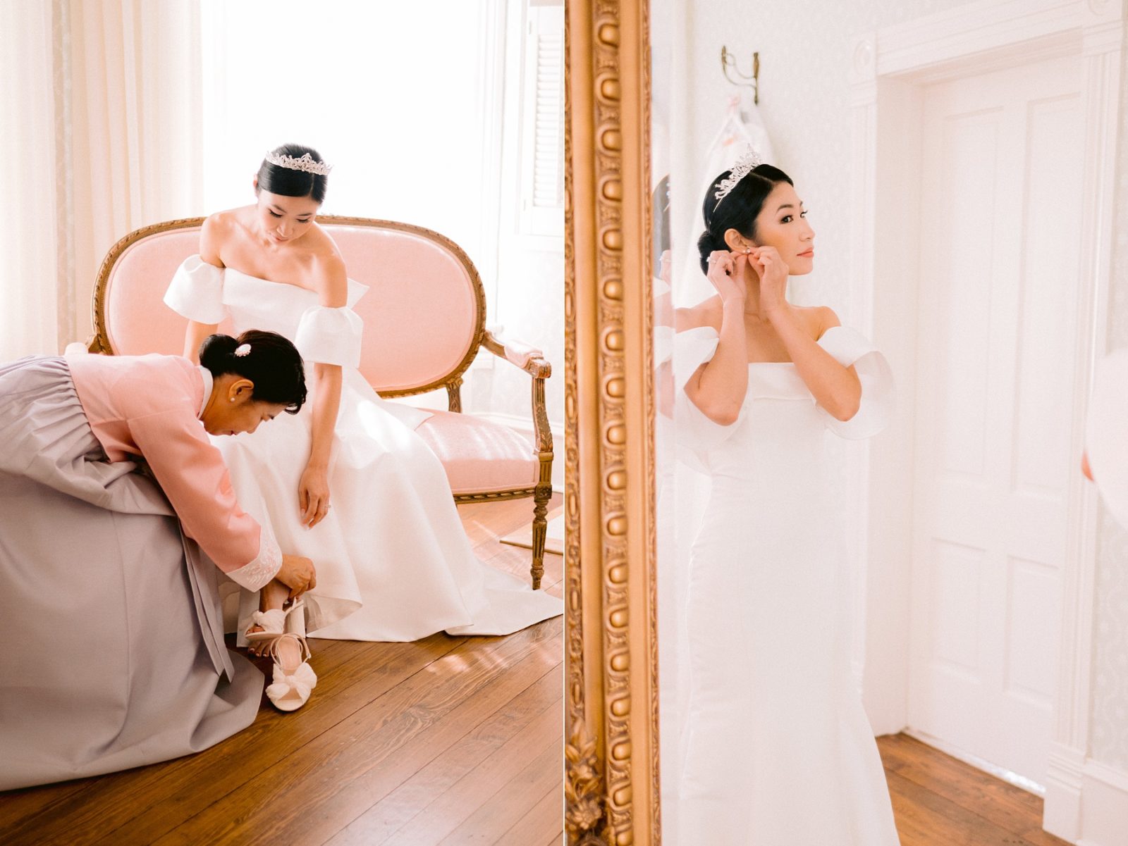 bride getting ready, mother putting on brides shoes, traditional mother of the bride korean fashion, woodbine mansion wedding, woodbine mansion wedding details, classic austin wedding, mansion wedding venues near austin, historical wedding venue, best austin wedding venues, austin wedding photographer, hill country wedding, round rock wedding venue
