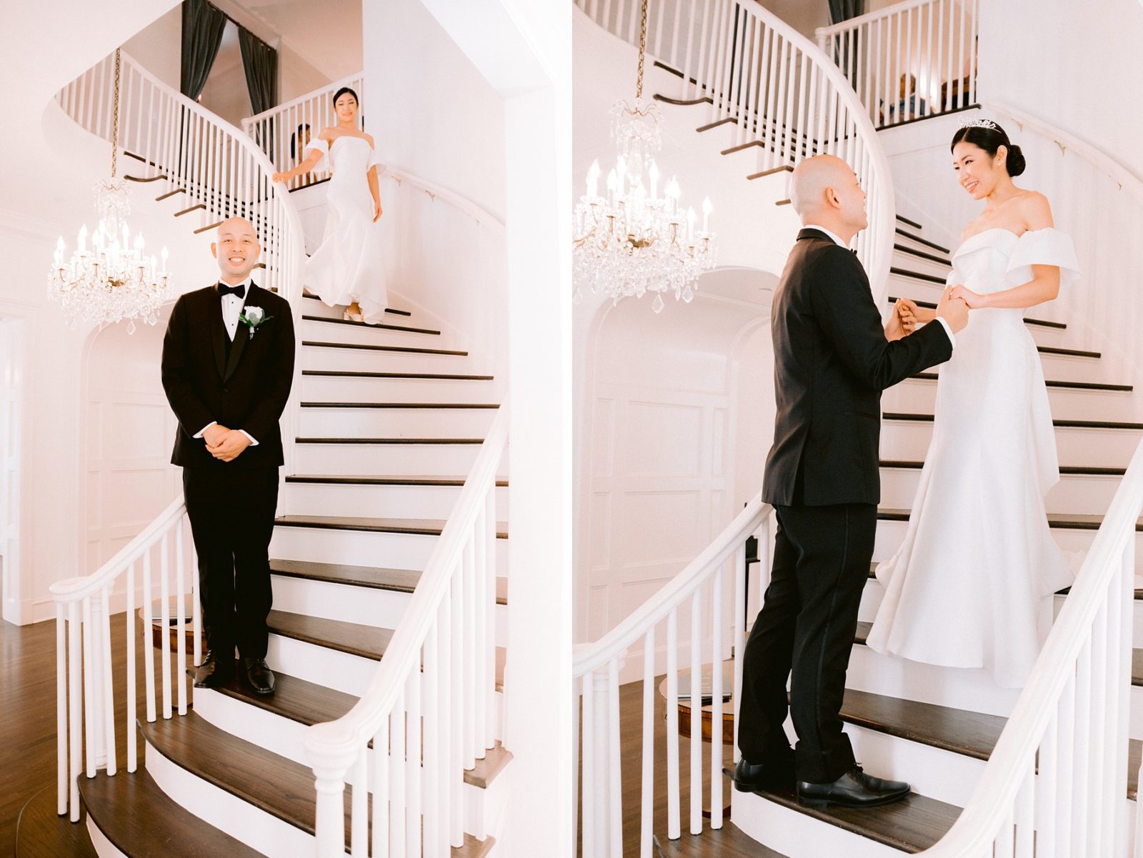 wedding first look on stairs, disney princess wedding vibes, bride with tiara, bride and groom first look, woodbine mansion wedding, woodbine mansion wedding details, classic austin wedding, mansion wedding venues near austin, historical wedding venue, best austin wedding venues, austin wedding photographer, hill country wedding, round rock wedding venue