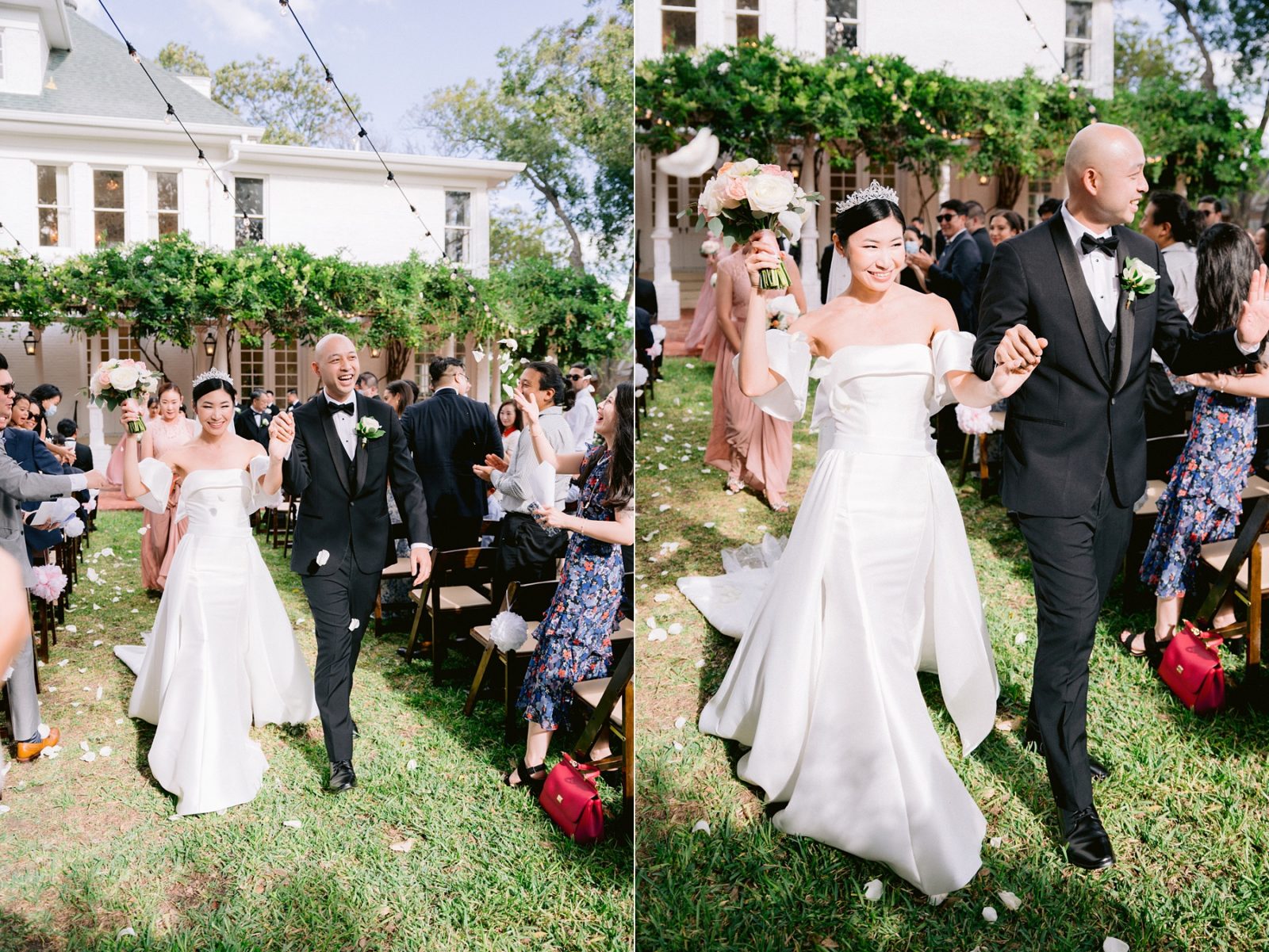 flower petal throw after wedding ceremony, petal toss sendoff, petal toss after weddign ceremony, bride and groom exit, ceremony exit, courtyard wedding at woodbine mansion, woodbine mansion wedding, woodbine mansion wedding details, classic austin wedding, mansion wedding venues near austin, historical wedding venue, best austin wedding venues, austin wedding photographer, hill country wedding, round rock wedding venue