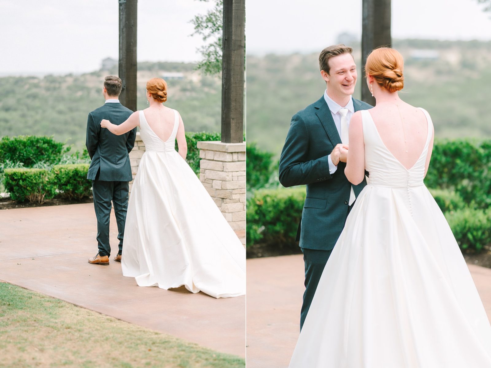 bride and groom first look, first look at canyonwood ridge, outdoor ceremony site at canyonwood ridge, canyonwood ridge, canyonwood ridge wedding, dripping springs wedding venue, austin wedding, austin wedding photography, tara lyons photography