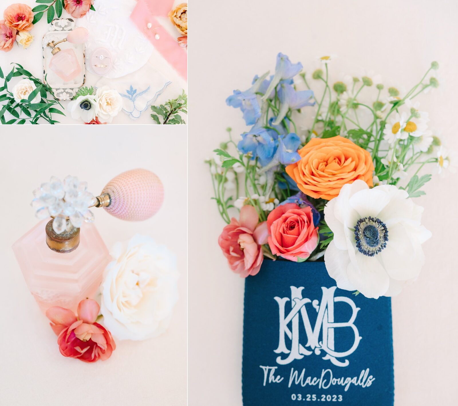 perfume wedding details, antique perfume bottle, wedding koozie, wedding koozie with flowers in it, wedding flat lay with florals, wedding at the videre, photos by Tara Lyons Photography, Perry's Petal, lauren quesada, signed sealed, 