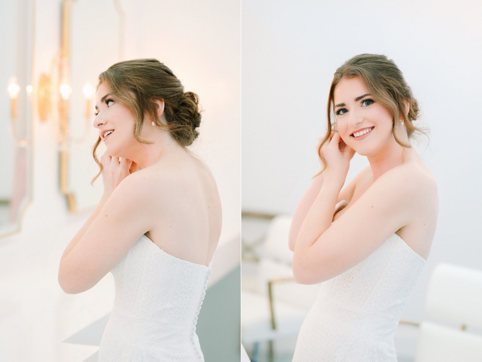 bride putting earrings on, classic getting ready photos, bride getting ready, wedding at the videre estate venue, wimberley, photos by Tara Lyons Photography, Perry's Petal, planning by sweet magnolia events