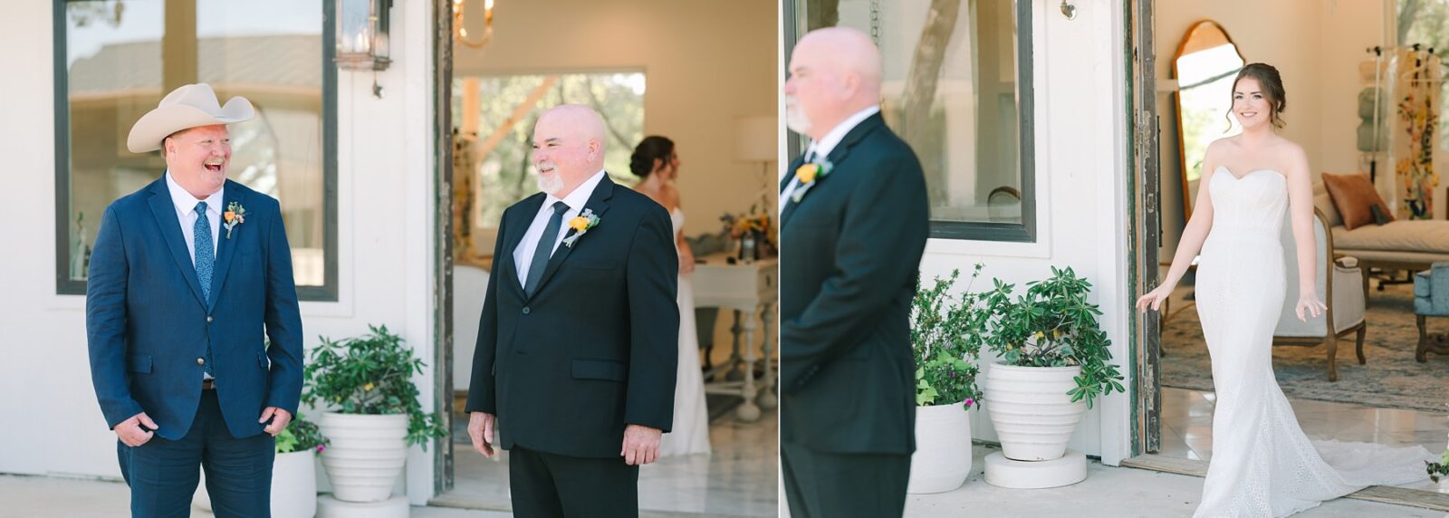 first look with father and step father, blended family wedding, father and step father first look, wedding at the videre estate venue, wimberley, photos by Tara Lyons Photography, Perry's Petal, planning by sweet magnolia events