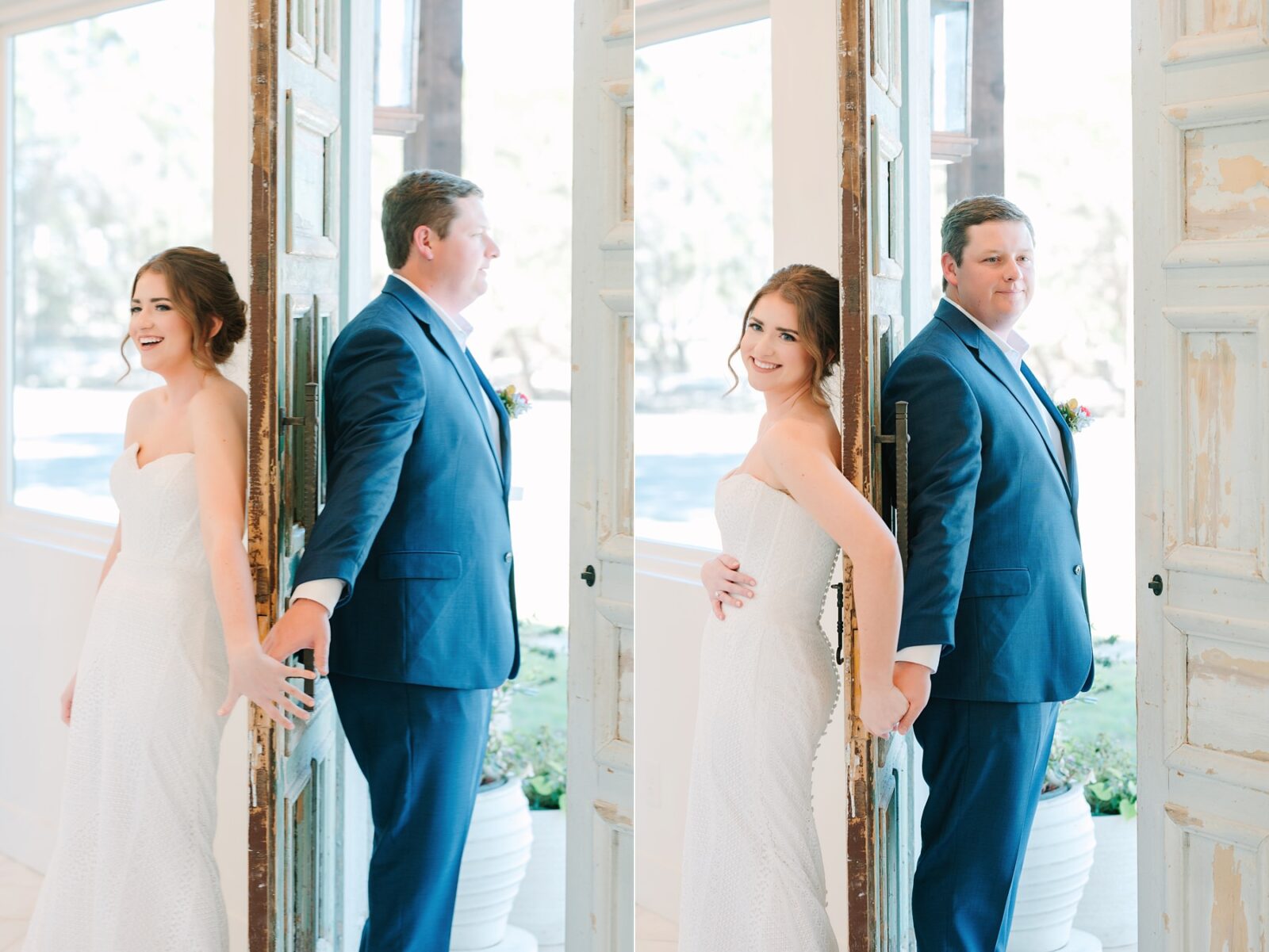 bride and groom first touch on door, bride and groom first touch, first touch on either side of door, wedding at the videre estate venue, wimberley, photos by Tara Lyons Photography, Perry's Petal, planning by sweet magnolia events