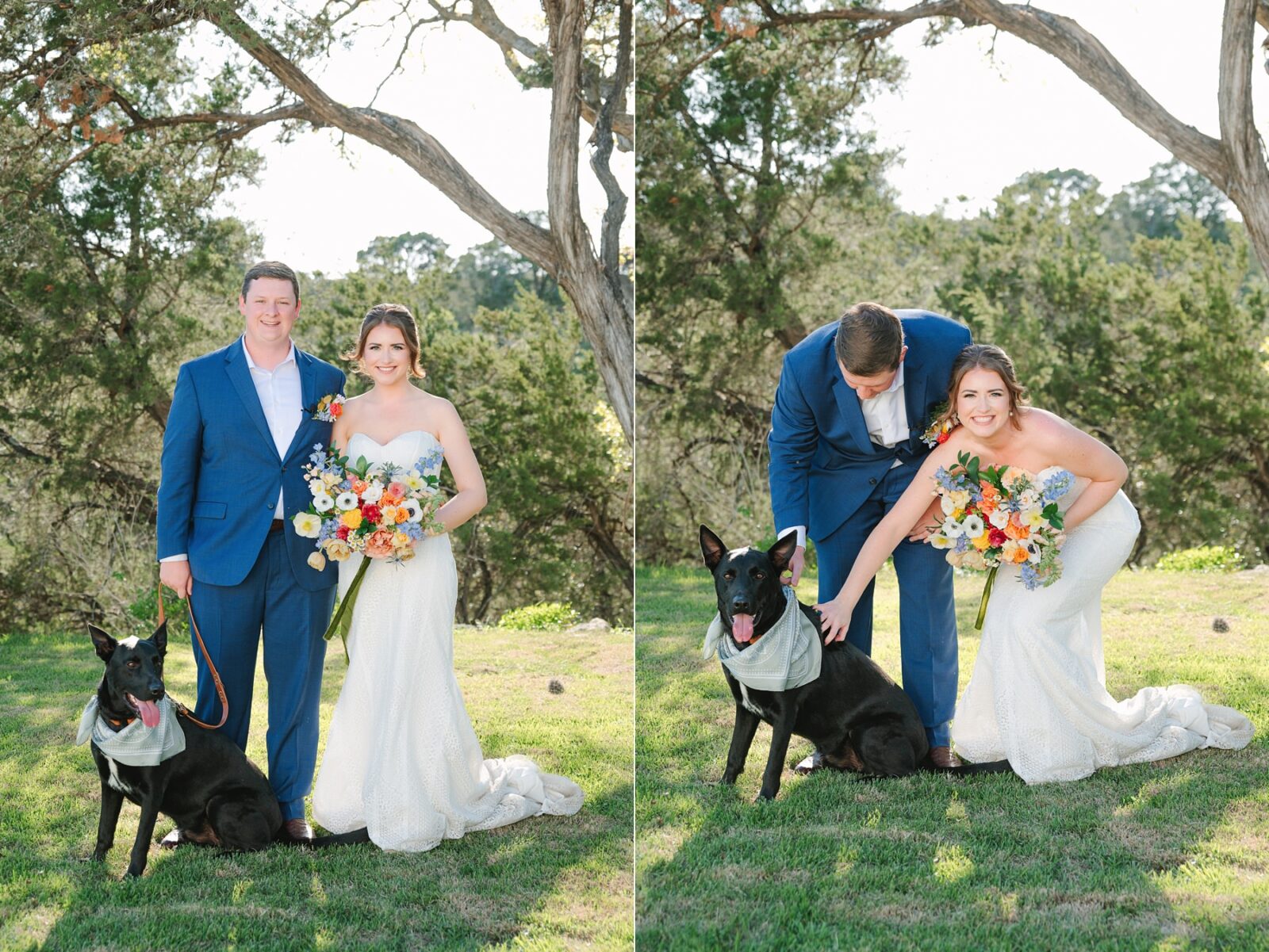 bride and groom with dog, dog at wedding, big wedding dog, bride and groom portraits, wedding at the videre estate venue, wimberley, photos by Tara Lyons Photography, Perry's Petal, planning by sweet magnolia events