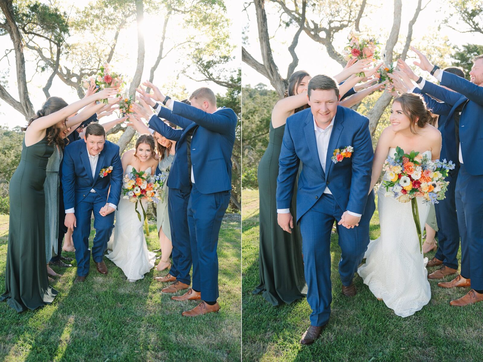 wedding party portraits, wedding party tunnel, bride and groom going through tunnel, wedding at the videre estate venue, wimberley, photos by Tara Lyons Photography, Perry's Petal, planning by sweet magnolia events