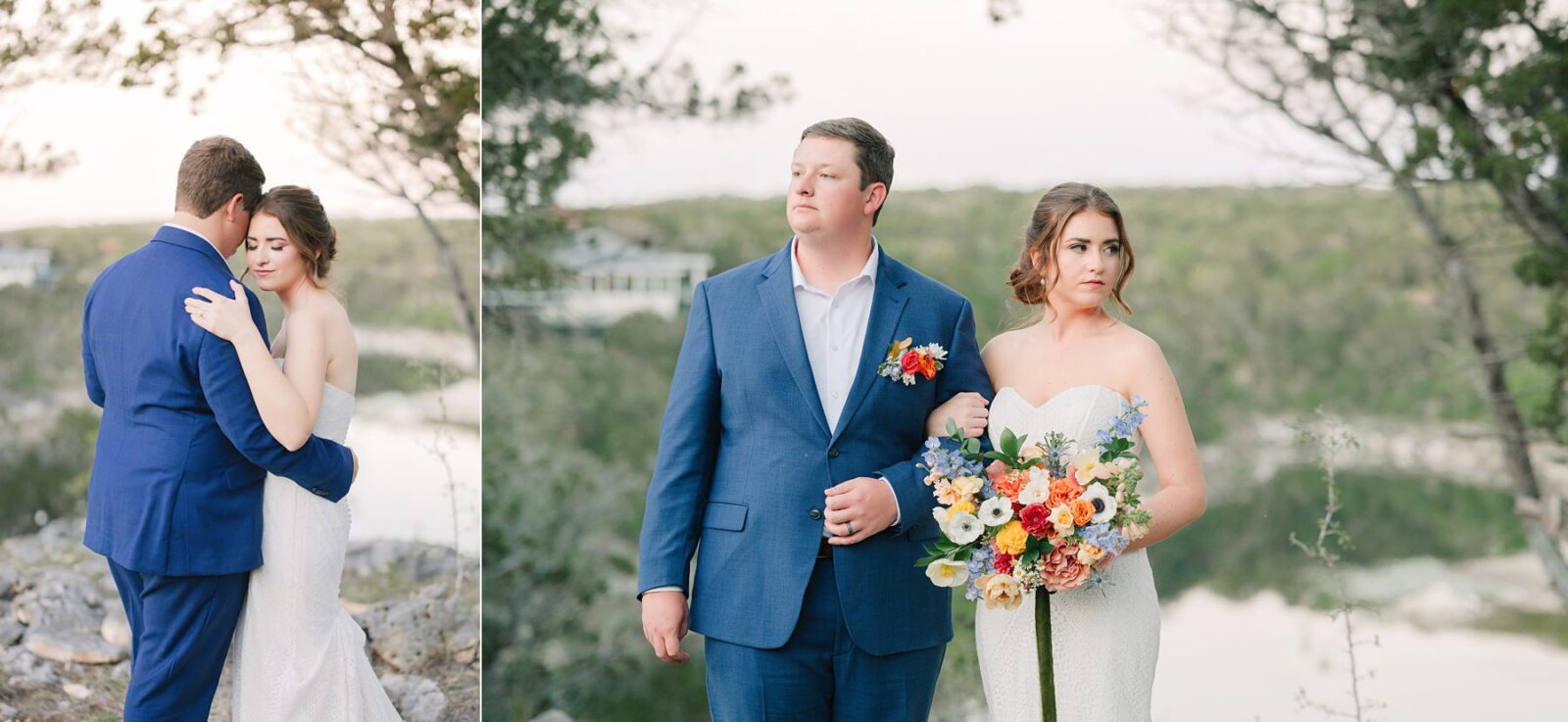bride and groom portraits, cliffside overlook, lake overlook at the videre, wedding at the videre estate venue, wimberley, photos by Tara Lyons Photography, Perry's Petal, planning by sweet magnolia events