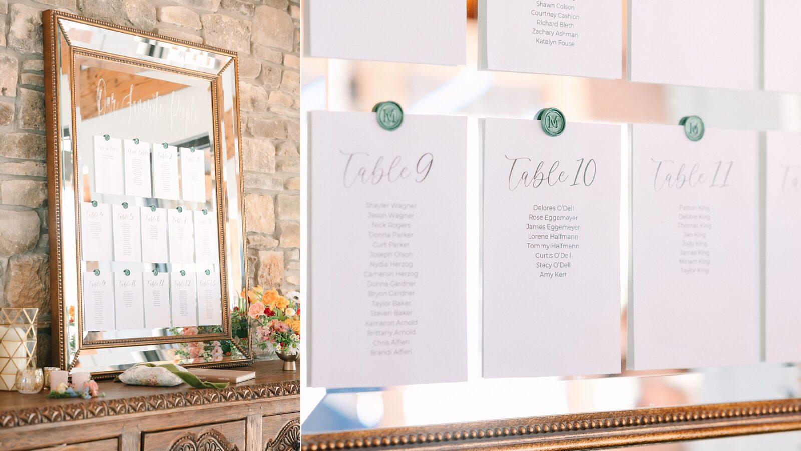 mirror seating chart, seating chart with wax seals, wax seal seating chart, wedding at the videre estate venue, wimberley, photos by Tara Lyons Photography, Perry's Petal, planning by sweet magnolia events