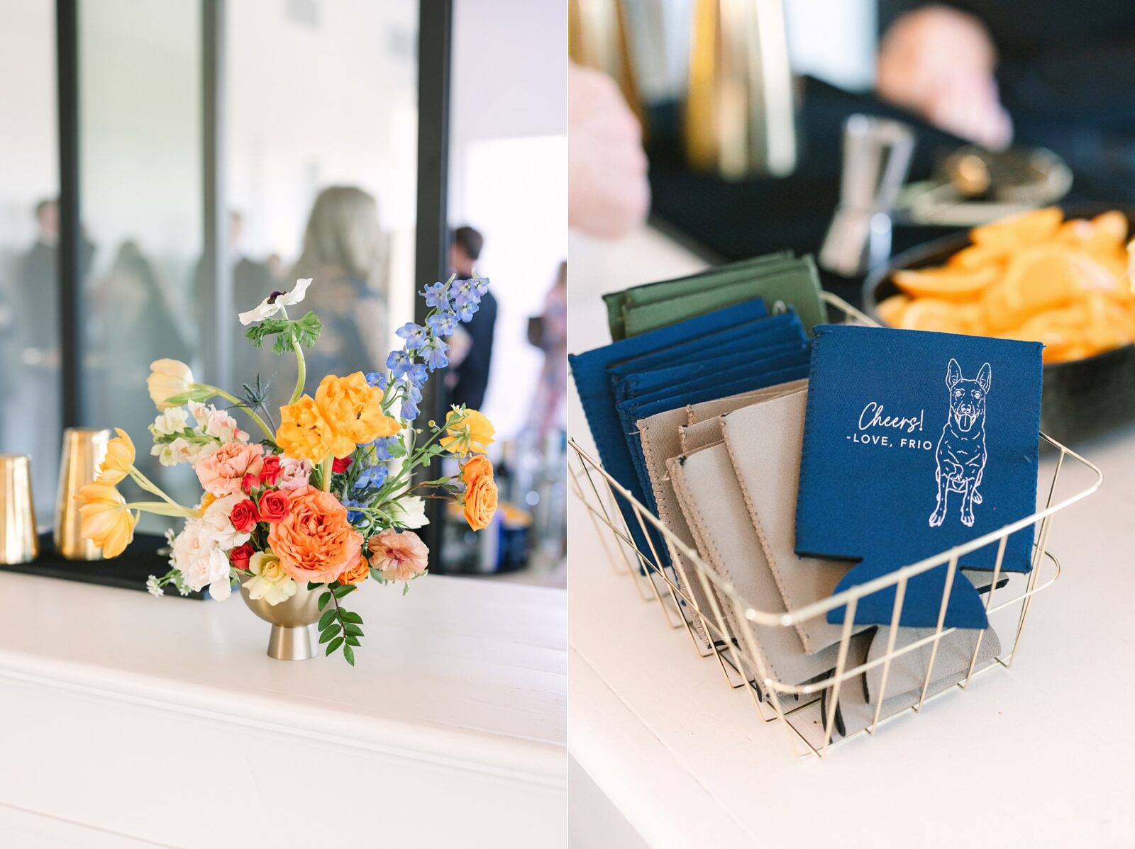 wedding koozie with dog, dog wedding decor, dog wedding favors, wedding at the videre estate venue, wimberley, photos by Tara Lyons Photography, Perry's Petal, planning by sweet magnolia events