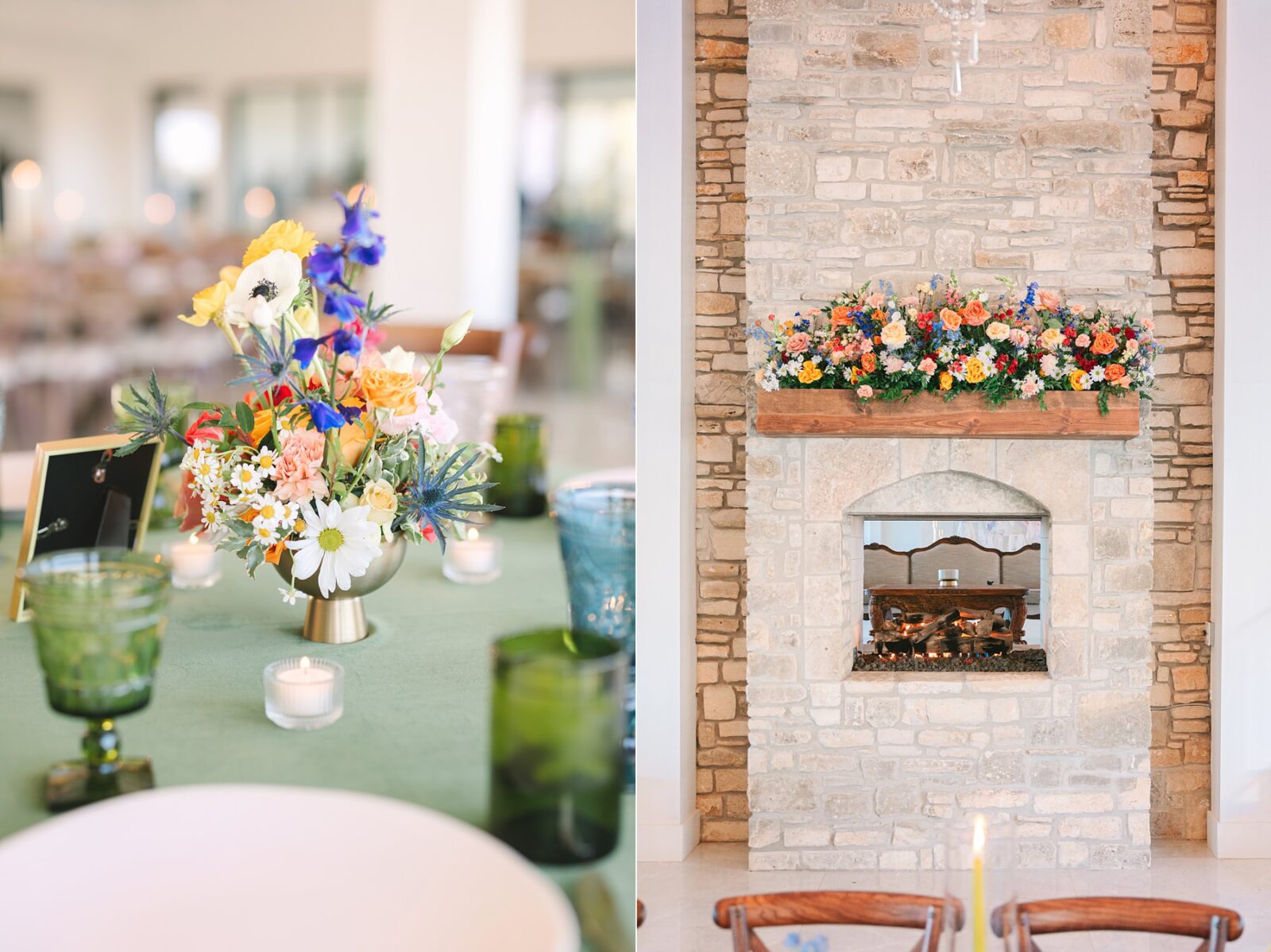 videre estate fireplace, green wedding decor, decorative cups at wedding, videre estate reception space, wedding at the videre estate venue, wimberley, photos by Tara Lyons Photography, Perry's Petal, planning by sweet magnolia events