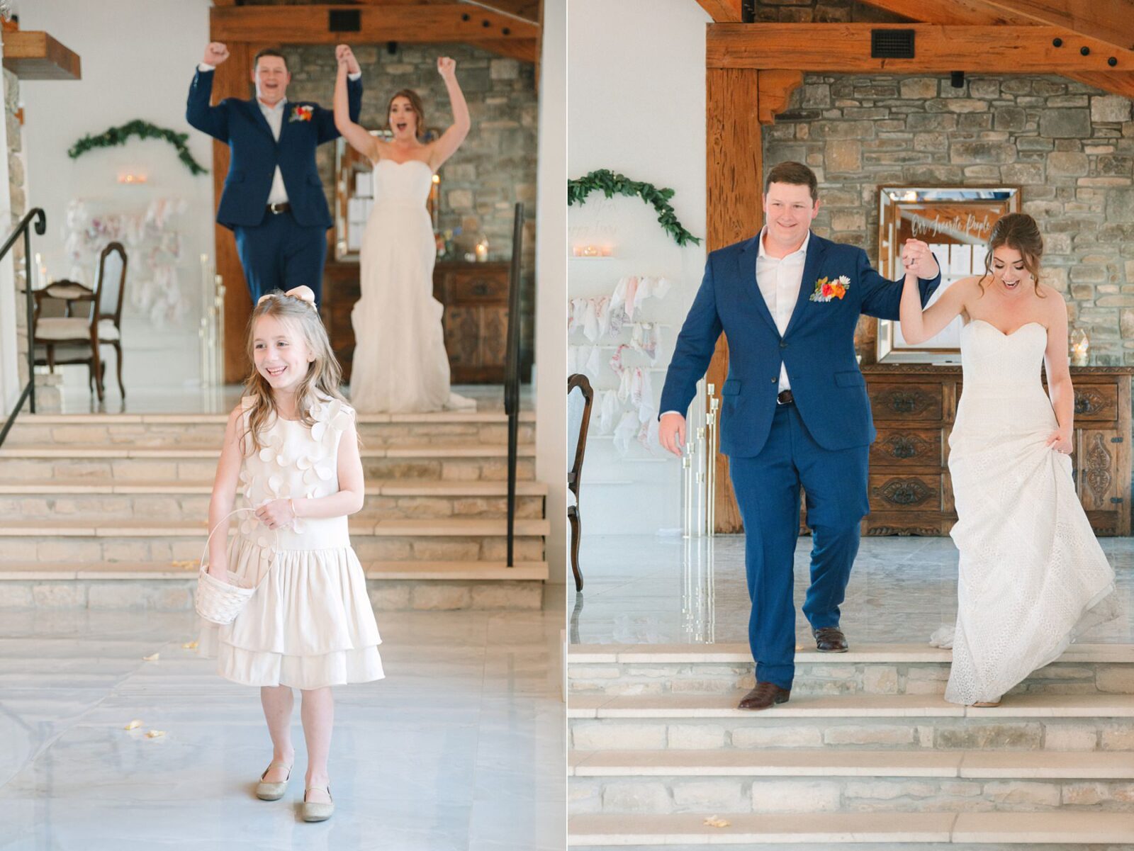 flower girl, bride and groom cheering for flower girl, bride and groom grand entrance, videre estate reception