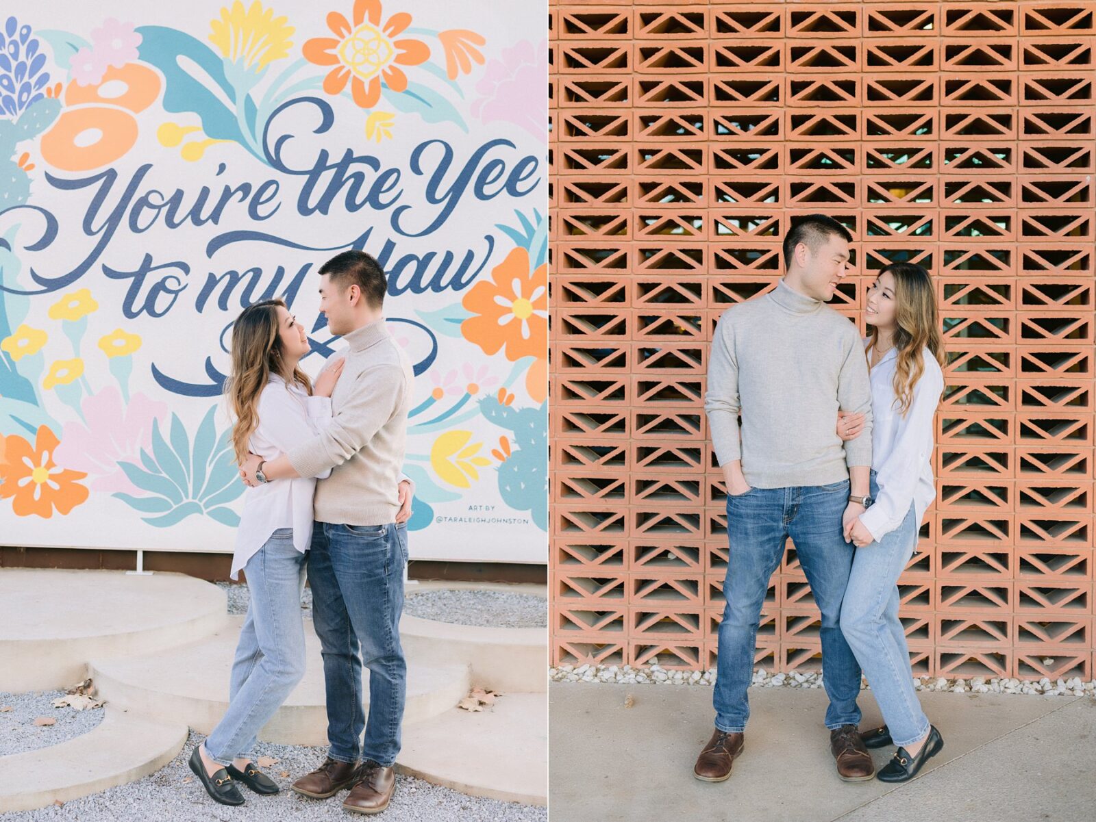 you're the yee to my haw mural, austin kendra scott mural, kendra scott flagship building, south congress hotel photography location, neutral engagement session outfit, photos by Tara Lyons Photography, austin wedding photographer