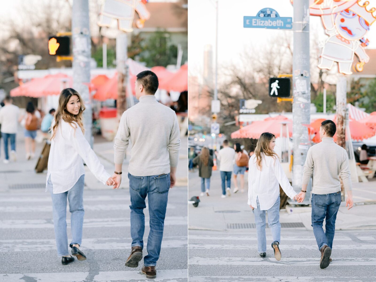 explore south congress, walking on south congress, candid south congress engagement session, austin engagement session location, neutral engagement session outfit, photos by Tara Lyons Photography, austin wedding photographer