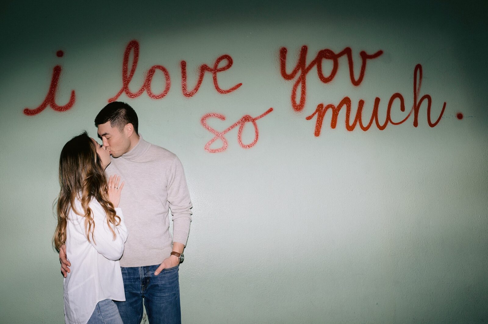 i love you so much austin mural, i love you so much south congress, jos coffee south congress, direct flash engagement session photography, neutral engagement session outfit, photos by Tara Lyons Photography, austin wedding photographer
