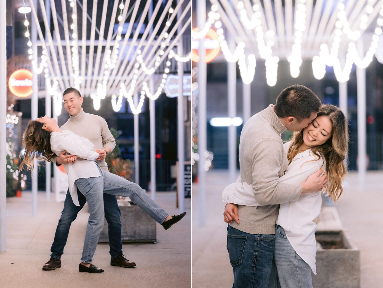 south congress engagement session locations, string light engagement photos, night time engagement session, engagement session at night, austin engagement photos, candid couple, neutral engagement session outfit, photos by Tara Lyons Photography, austin wedding photographer