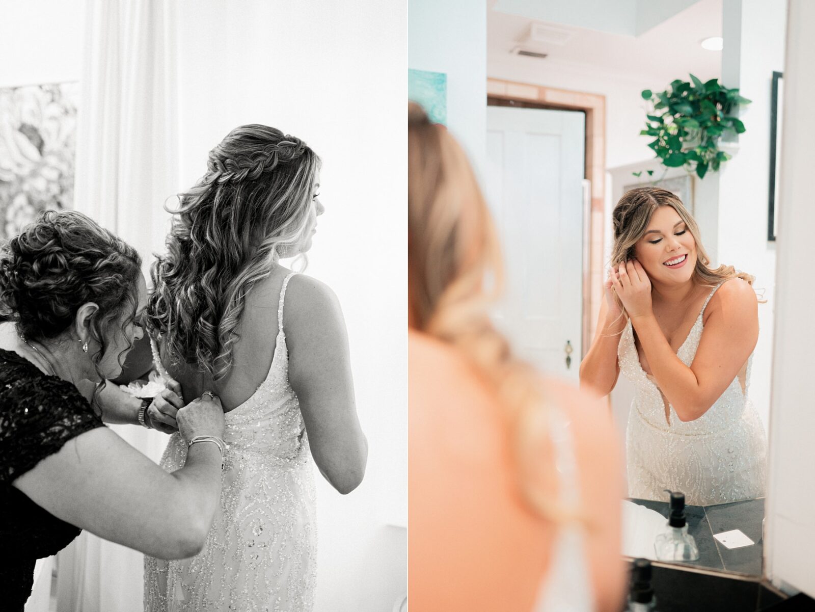 bride getting ready in bathroom with mom for wedding photography at hummingbird house in austin, tx