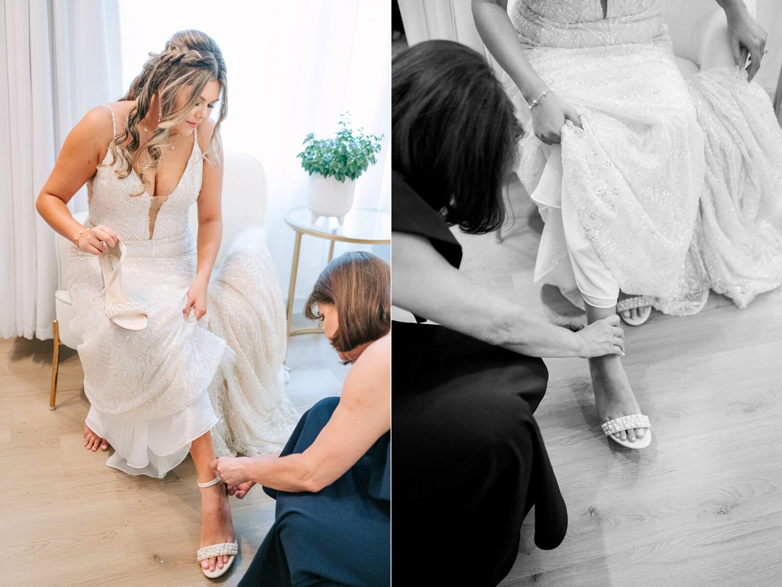 bride putting shoes on with mom helping