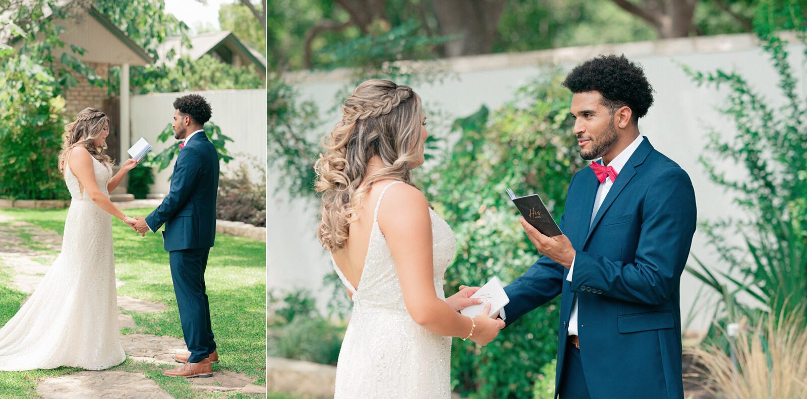 private vow reading before ceremony with just bride and groom after first look, Austin Wedding at Hummingbird House, with wedding photos by Tara Lyons Photography. Other vendors: Mistique Makeup, Cana Events, Twin Flame Events, Simply Chic Event Rentals, Live Oak Photo Booth