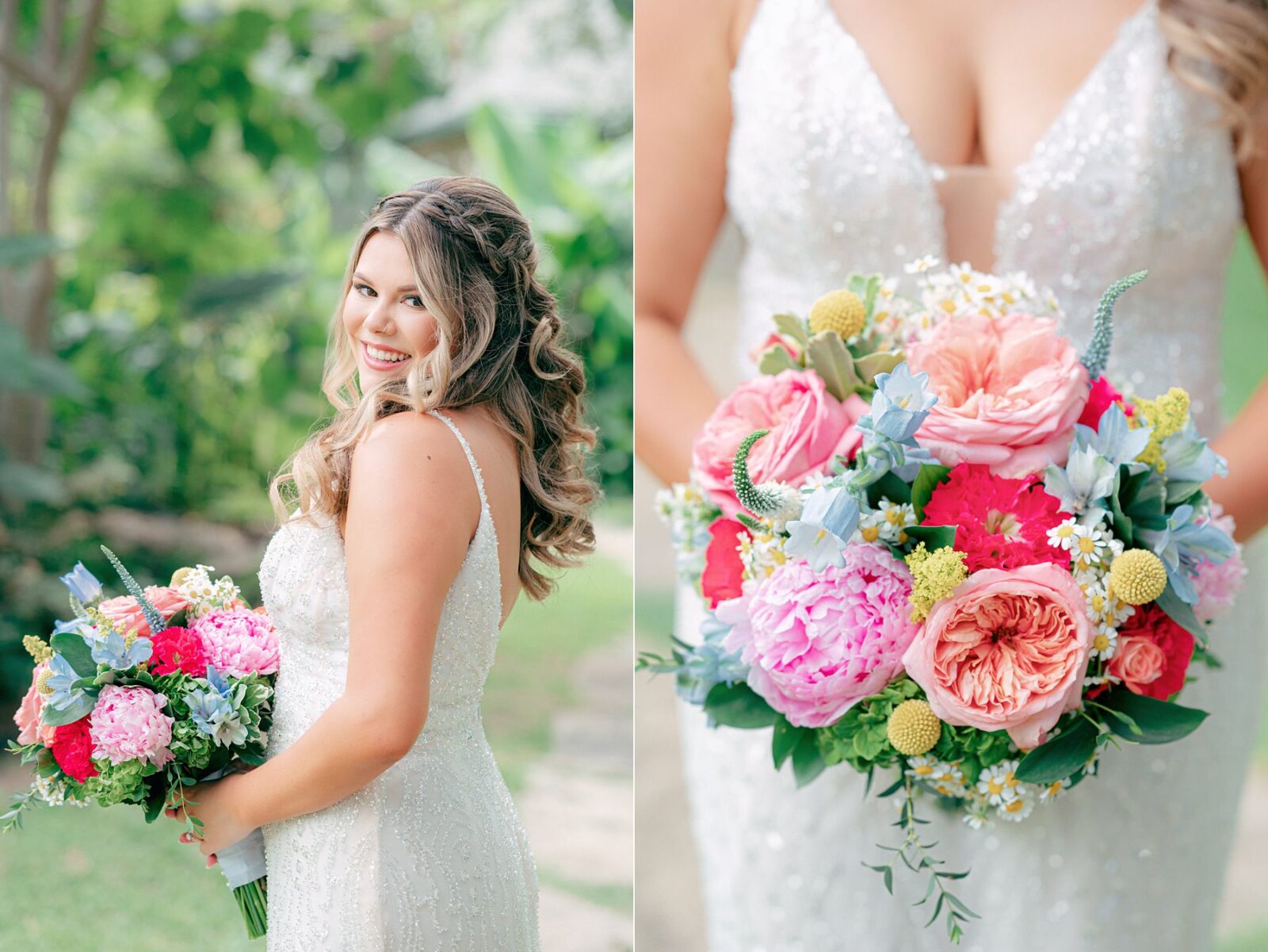 beautiful and bright bridal portraits with amazing colorful wedding bouquet, Austin Wedding at Hummingbird House, with wedding photos by Tara Lyons Photography. Other vendors: Mistique Makeup, Cana Events, Twin Flame Events, Simply Chic Event Rentals, Live Oak Photo Booth