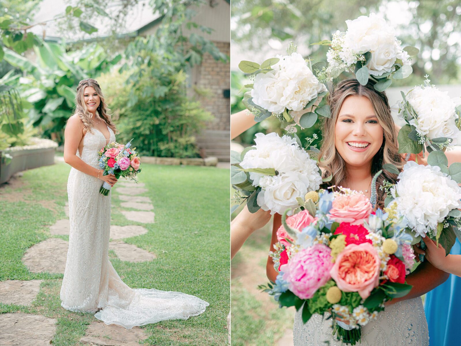 bridal portrait with bouquets in circle around bride's face, Austin Wedding at Hummingbird House, with wedding photos by Tara Lyons Photography. Other vendors: Mistique Makeup, Cana Events, Twin Flame Events, Simply Chic Event Rentals, Live Oak Photo Booth