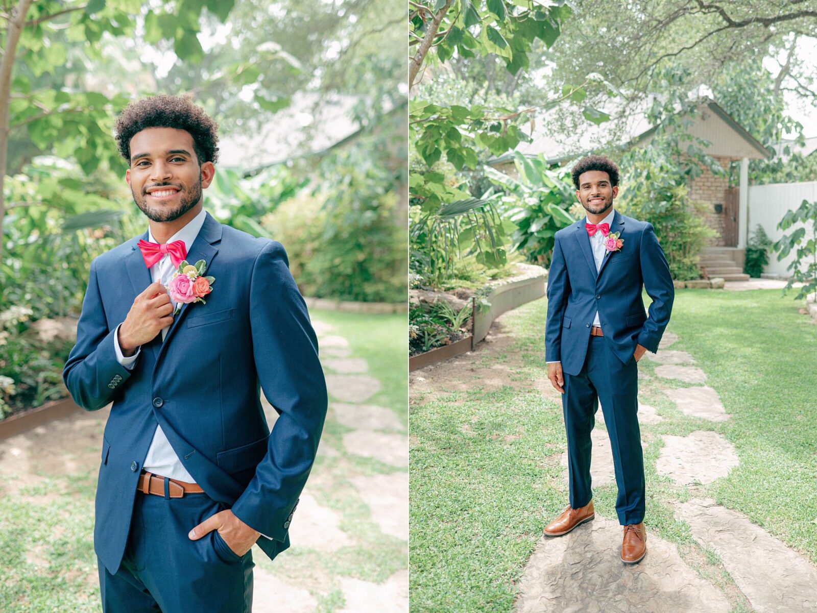 groom portraits, groom wearing pink details, pink bow tie and navy suit, Austin Wedding at Hummingbird House, with wedding photos by Tara Lyons Photography. Other vendors: Mistique Makeup, Cana Events, Twin Flame Events, Simply Chic Event Rentals, Live Oak Photo Booth