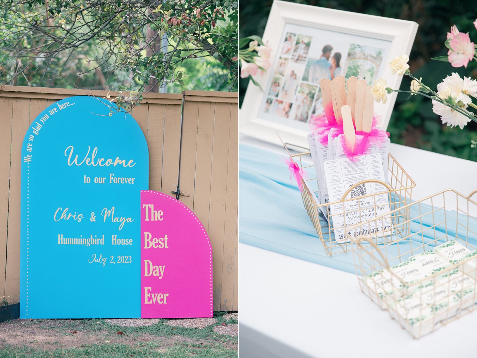 magenta and teal wedding welcome sign, Austin Wedding at Hummingbird House, with wedding photos by Tara Lyons Photography. Other vendors: Mistique Makeup, Cana Events, Twin Flame Events, Simply Chic Event Rentals, Live Oak Photo Booth