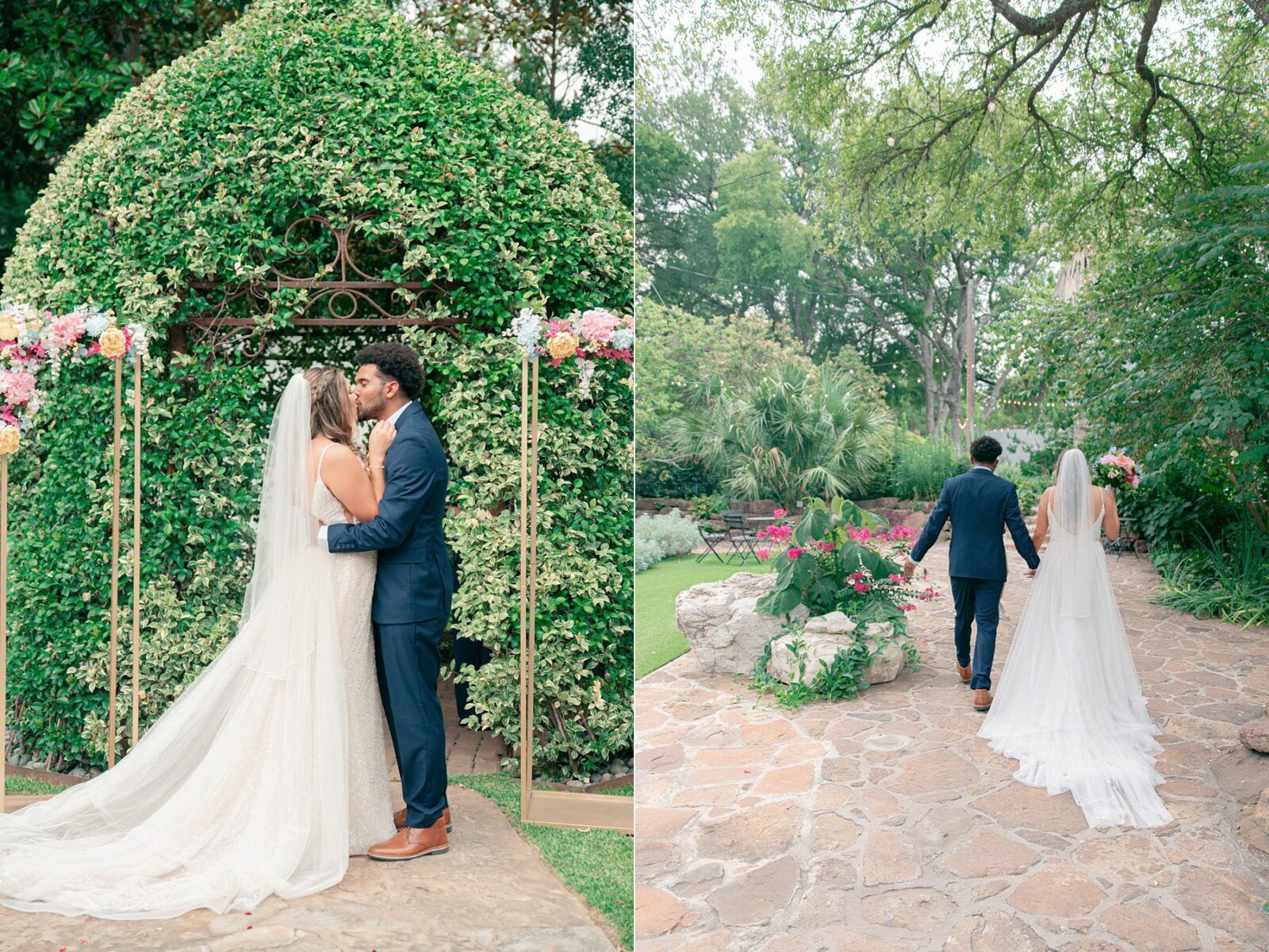 first kiss with bride and groom and lush outdoor garden austin wedding venue