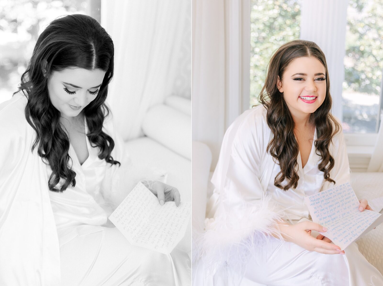 bride reading letter from groom, bride getting ready, bridal robe with fur, faux fur bride pajamas, barbie wedding makeup, wedding at Woodbine mansion wedding venue, photography by Tara Lyons Photography, The event shop wedding planner