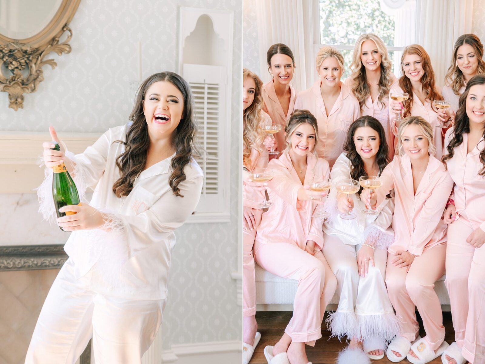 bride popping champagne, bride and bridesmaid champagne toast, pink bridesmaid pajamas, large wedding party getting ready, pink spring wedding at Woodbine mansion wedding venue, photography by Tara Lyons Photography, The event shop wedding planner