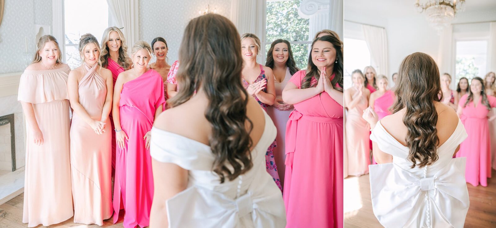 bridesmaid first look, bridesmaids seeing bride for the first time, large wedding party, twelve bridesmaids, pink bridesmaid dresses, wedding at Woodbine mansion in round rock texas, wedding photos by Tara Lyons Photography, planning by The event shop