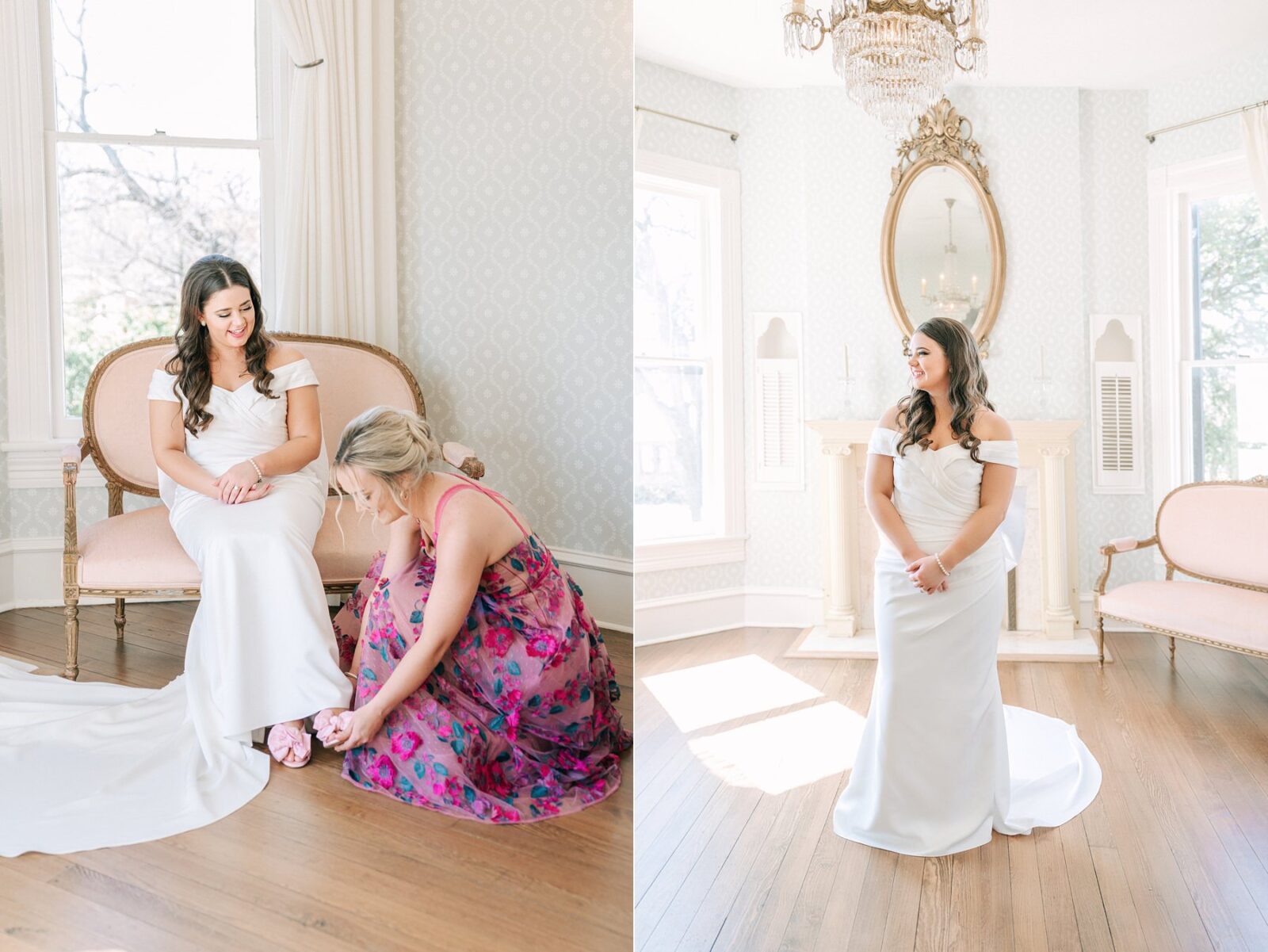 bridesmaid helping bride put on shoes, getting ready suite at woodbine mansion, historic wedding venue near austin, round rock wedding venue, wedding at Woodbine mansion in round rock texas, wedding photos by Tara Lyons Photography, planning by The event shop