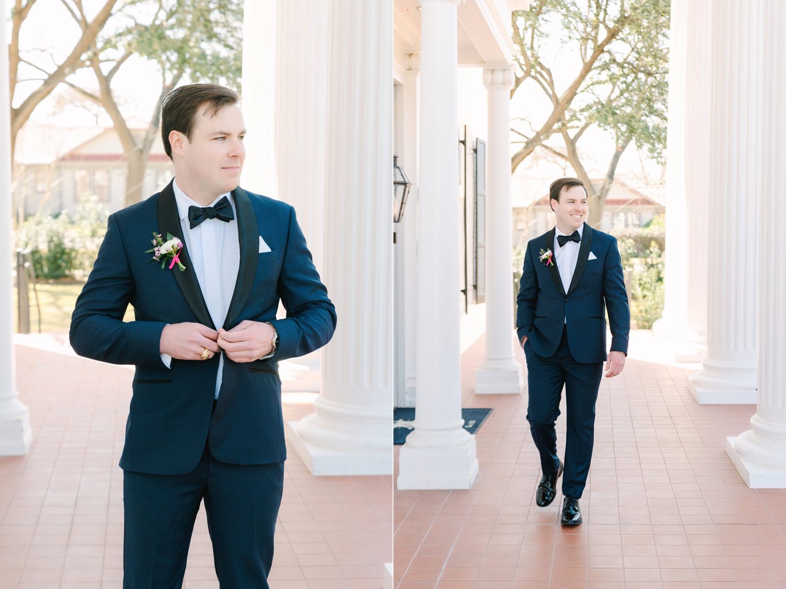 navy and black groom tux, groom portraits, groom outfit ideas, front of woodbine mansion, round rock wedding venue, historic texas wedding venue, groom in tux, pink boutonniere, at Woodbine mansion in round rock texas, wedding photos by Tara Lyons Photography, planning by The event shop