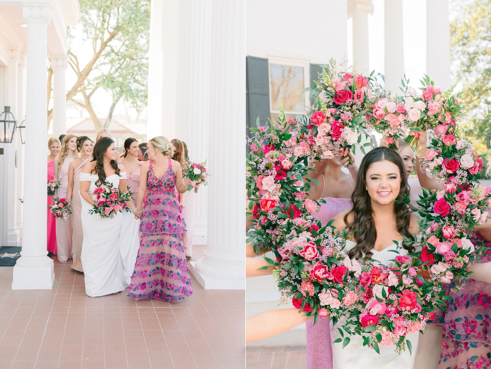 coordinating pink bridesmaid dresses, flower bouquets in circle around bride's head, con flower designs, pink wedding flowers, pink wedding bouquet, wedding at Woodbine mansion in round rock texas, wedding photos by Tara Lyons Photography, planning by The event shop