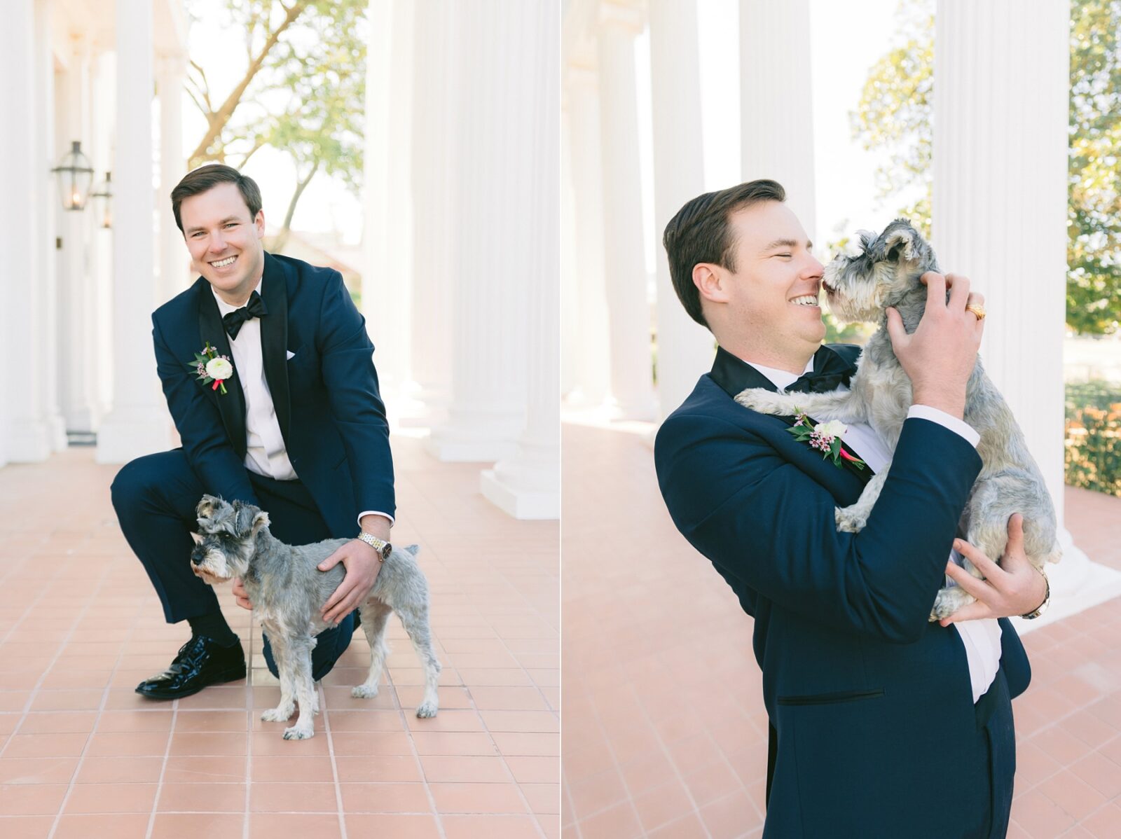 groom with dog, wedding dog, flower girl dog, dogs in weddings, groom portraits with his dog, wedding at Woodbine mansion in round rock texas, wedding photos by Tara Lyons Photography, planning by The event shop
