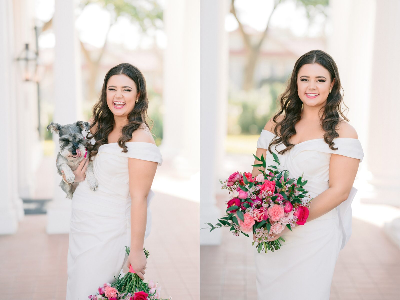 bride with dog, flower girl dog, pink floral bouquet, bridal portraits, cone flower designs, pink wedding bouquet by cone flower designs, wedding at Woodbine mansion in round rock texas, wedding photos by austin wedding photography Tara Lyons Photography, planning by The event shop