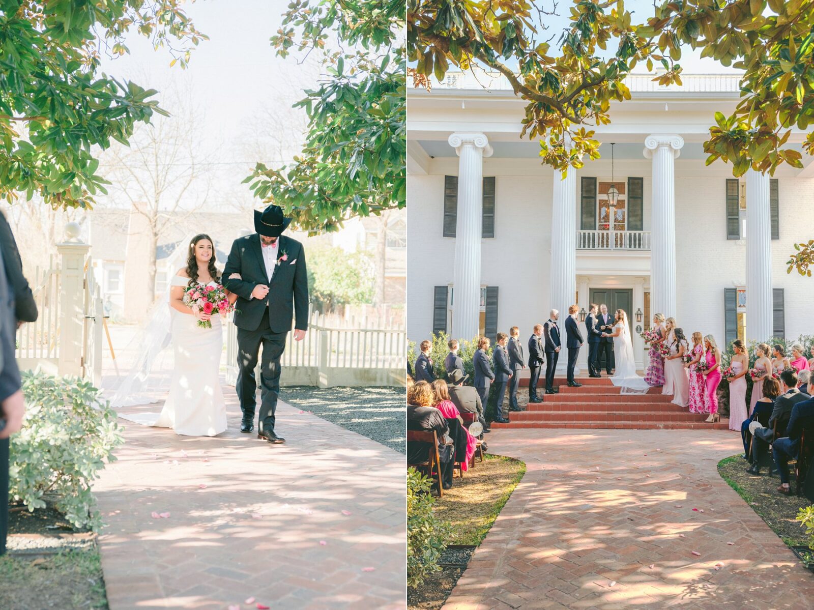 bride and father walking down aisle, wedding in front of woodbine mansion, woodbine mansion porch ceremony space, austin wedding, wedding at Woodbine mansion in round rock texas, wedding photos by austin wedding photography Tara Lyons Photography, planning by The event shop
