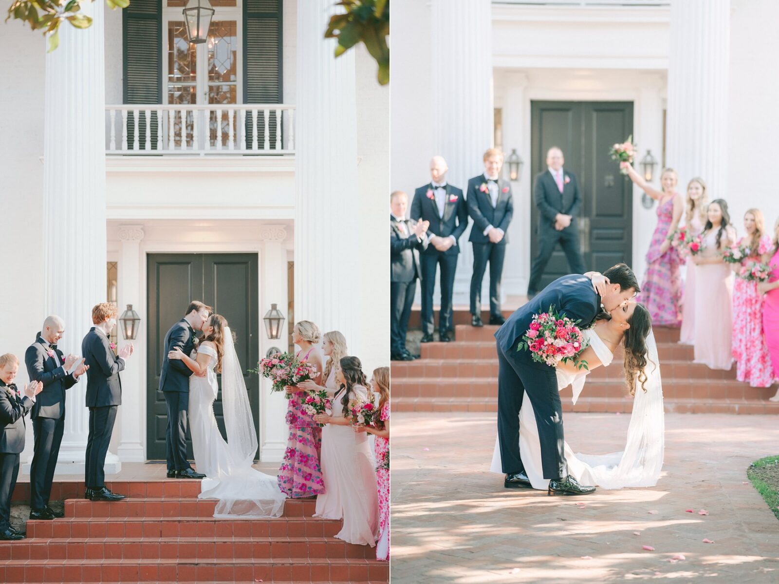 first kiss as bride and groom, kiss in aisle of wedding recessional, front porch wedding ceremony, wedding at Woodbine mansion in round rock texas, wedding photos by austin wedding photography Tara Lyons Photography, planning by The event shop
