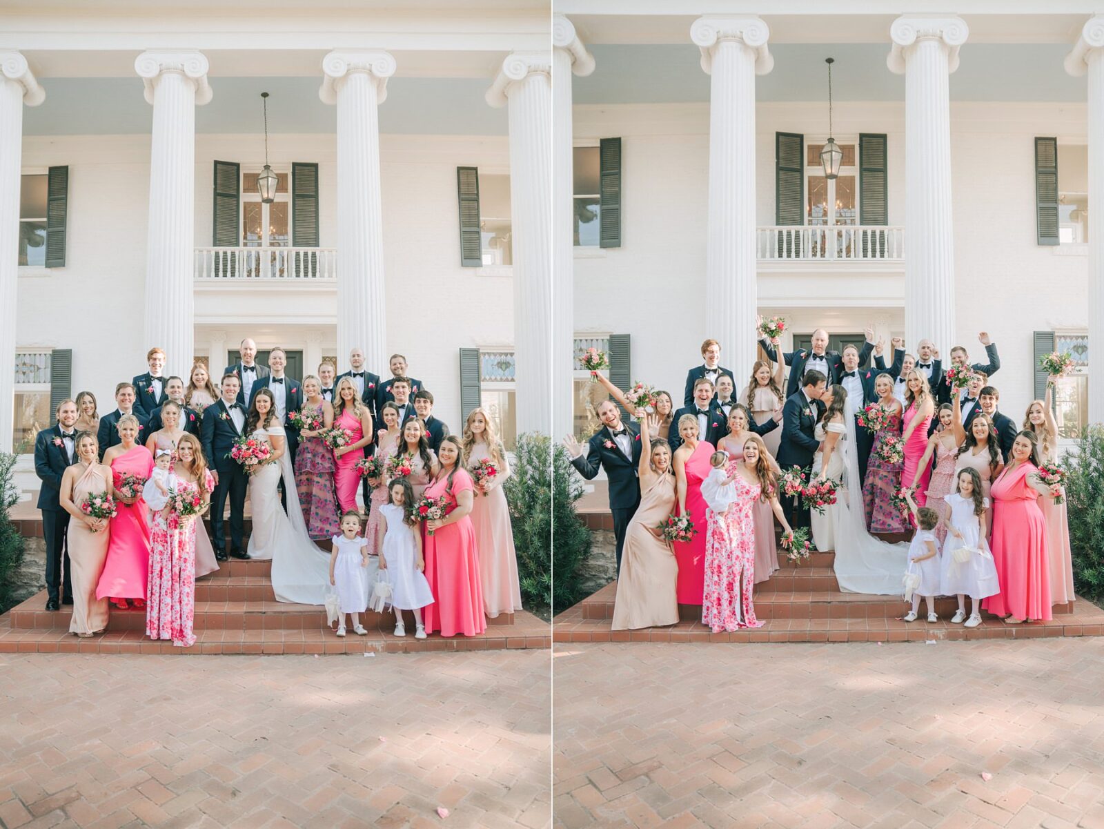 large wedding party, large wedding party posing ideas, twenty four wedding party, front porch at woodbine mansion, historic wedding venue. wedding at Woodbine mansion in round rock texas, wedding photos by austin wedding photography Tara Lyons Photography, planning by The event shop