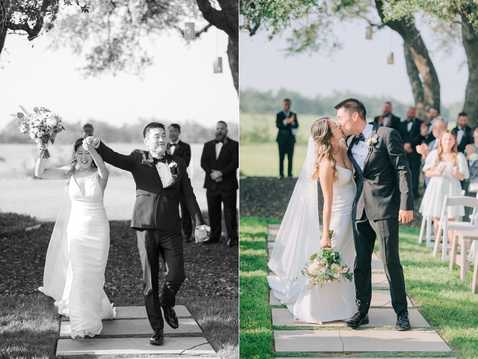 first kiss, bride and groom first kiss, stonehouse villa ceremony space, hill country outdoor wedding, stonehouse villa, wimberley wedding venue, tara paige weddings, austin wedding photographer