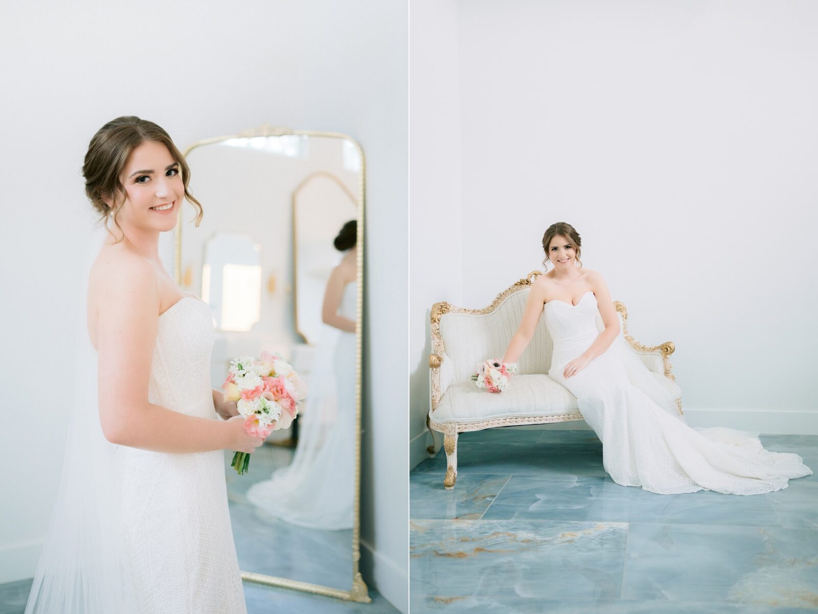 bride in front of mirror, bridal suite, bride sitting on couch, bridal session, bride photography, the videre estate, hill country wedding venue, wimberley wedding venue, austin wedding photography, tara paige weddings, 
